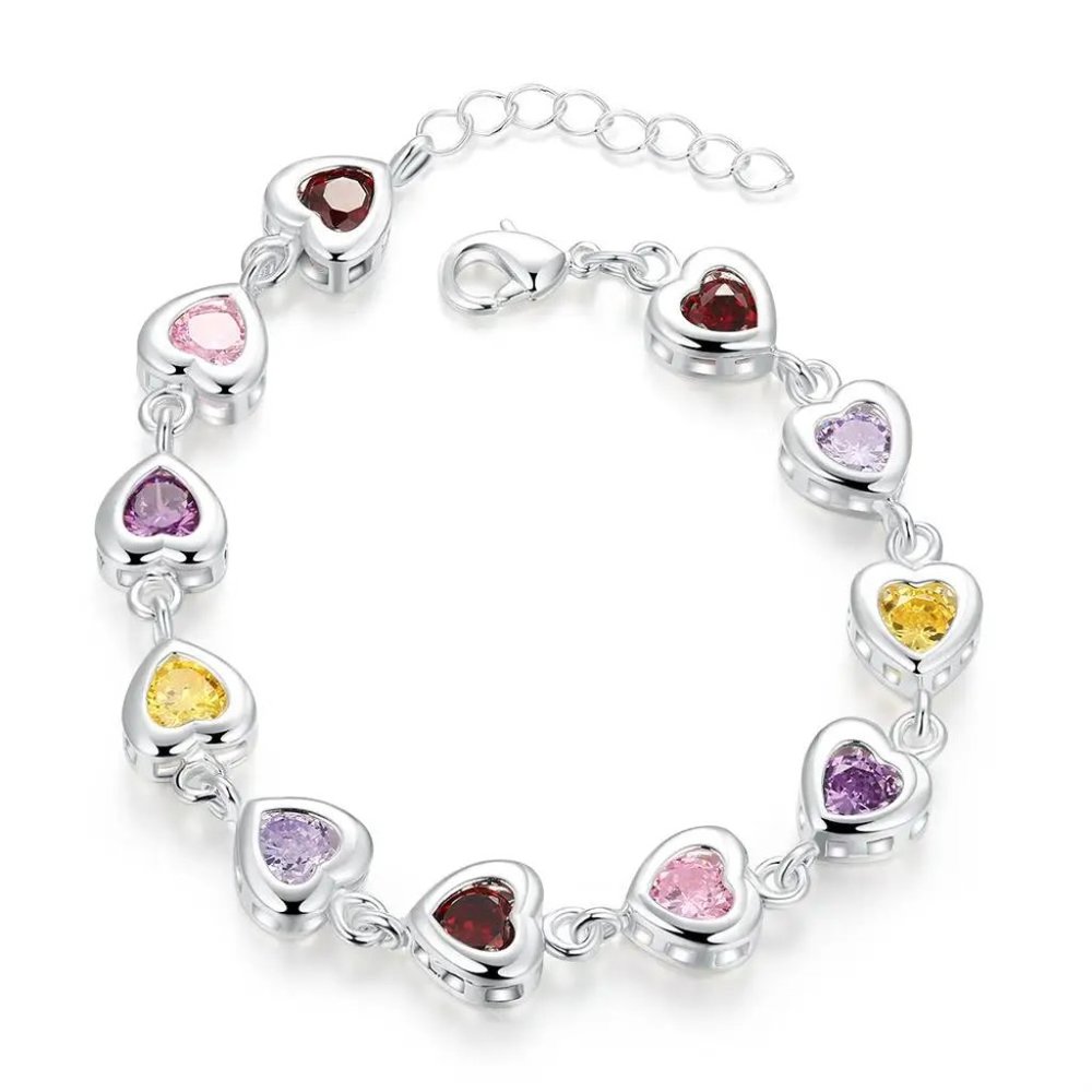 Beautiful Multi - Colored Heart Style Ladies Bracelet .925 Solid Sterling Silver - Picture 6 of 6